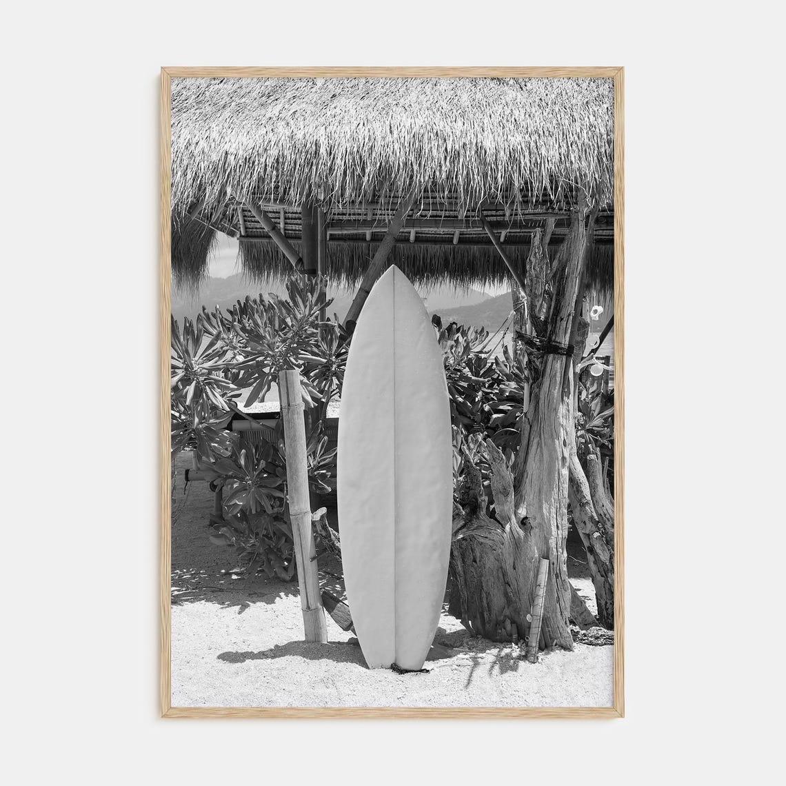 White Surfboard Leaning on Thatched Beach Hut Black White Poster