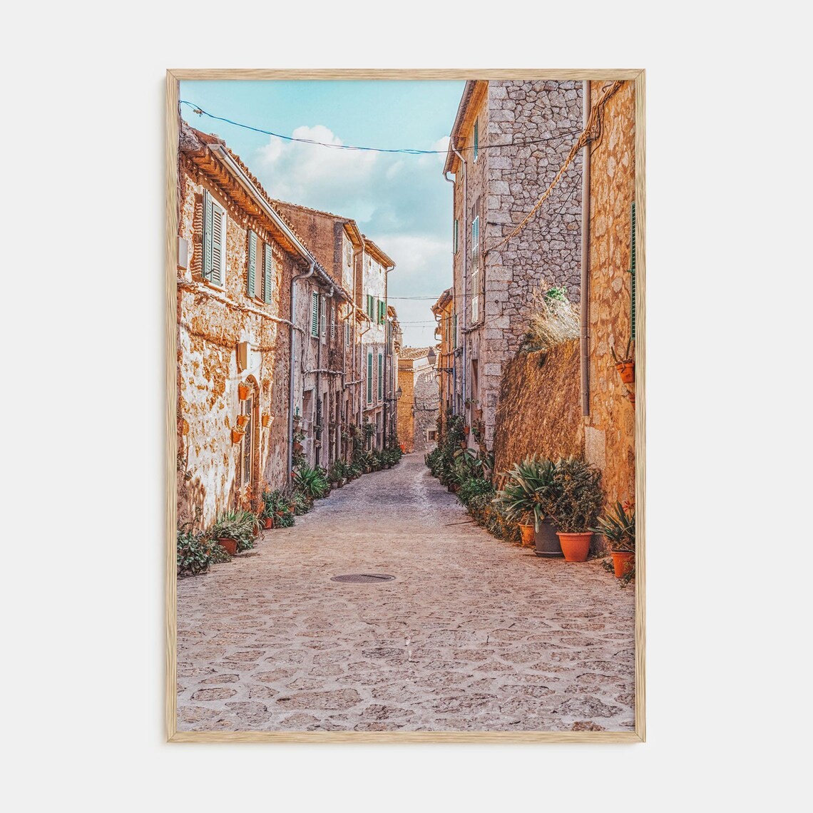 Charming Old Town Cobblestone Street Flower Pots Travel Poster