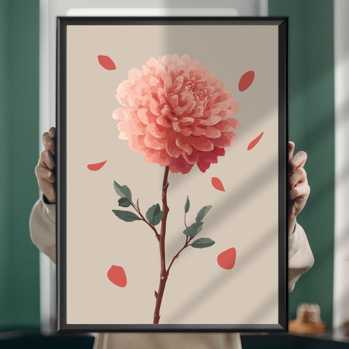 Pink Dahlia Bloom Botanical Illustration Elegant Falling Petals Poster