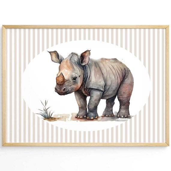 Baby Rhino Calf Safari Animal Striped Nursery Watercolor Wall Art