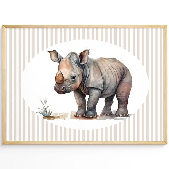 Kids Room Baby Rhino Nursery Wall Art Neutral Gingham Decor Safari Animal Farmhouse Poster