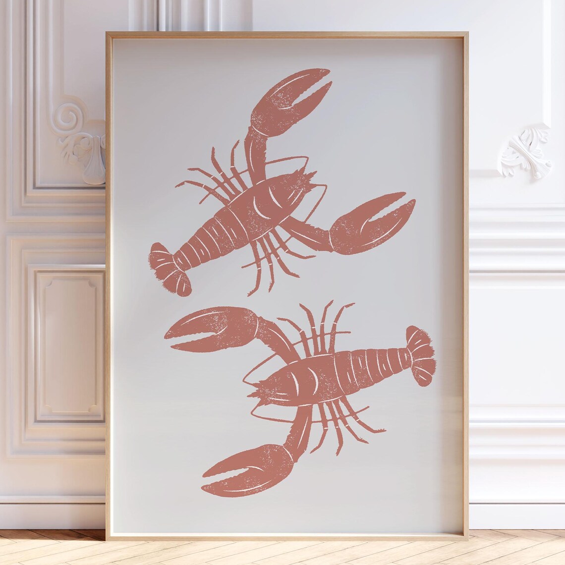 Lobster Pair Terracotta Block Print Coastal Minimalist Kitchen Art
