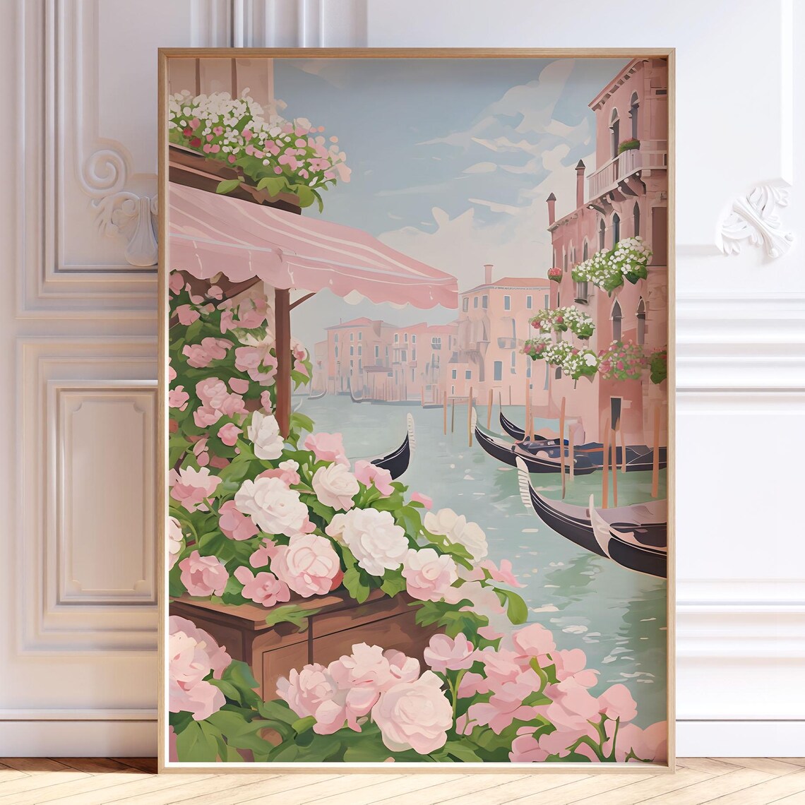 Venice Italy Canal Gondolas Pink Blooming Flowers Pastel Scene Poster