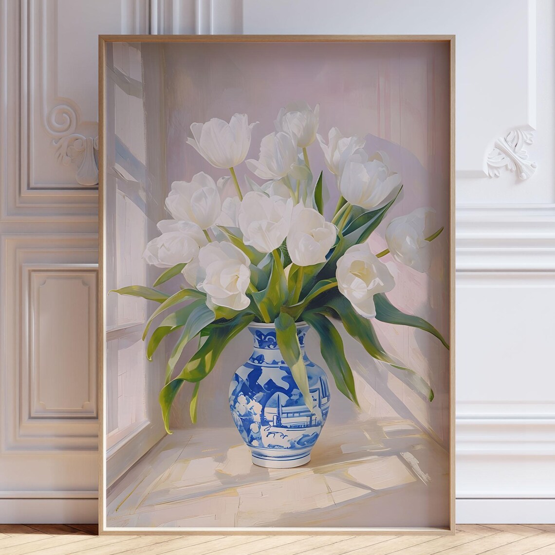 White Tulips Blue Chinoiserie Vase Floral Still Life Wall Art