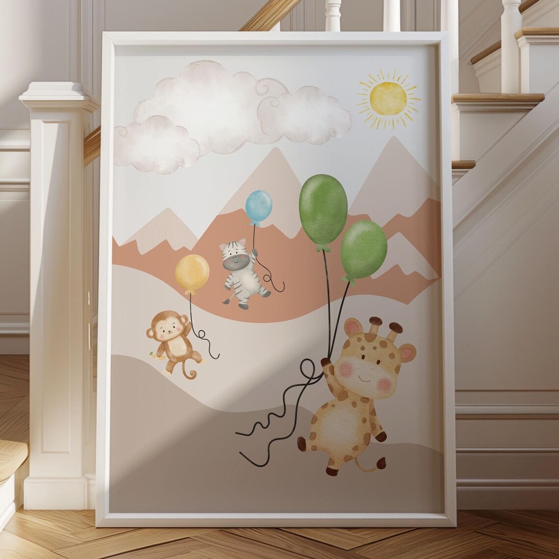 Safari Animals Balloons Watercolor Nursery Kids Room Art Print