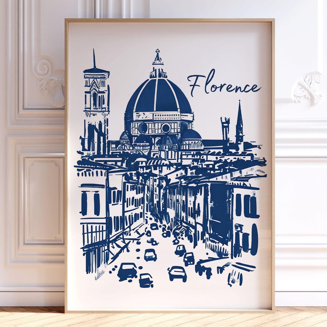 Florence Italy Duomo Navy Blue Retro Line Drawing Travel Poster