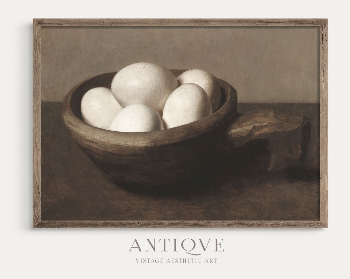 White Eggs Wooden Bowl Rustic Kitchen Vintage Still Life Print