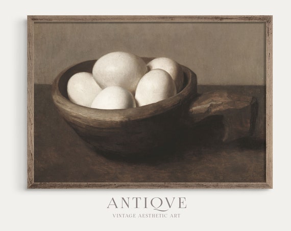 Vintage Still Life Oil Painting Eggs In Wooden Bowl Rustic Kitchen Art Moody Farmhouse Decor 788