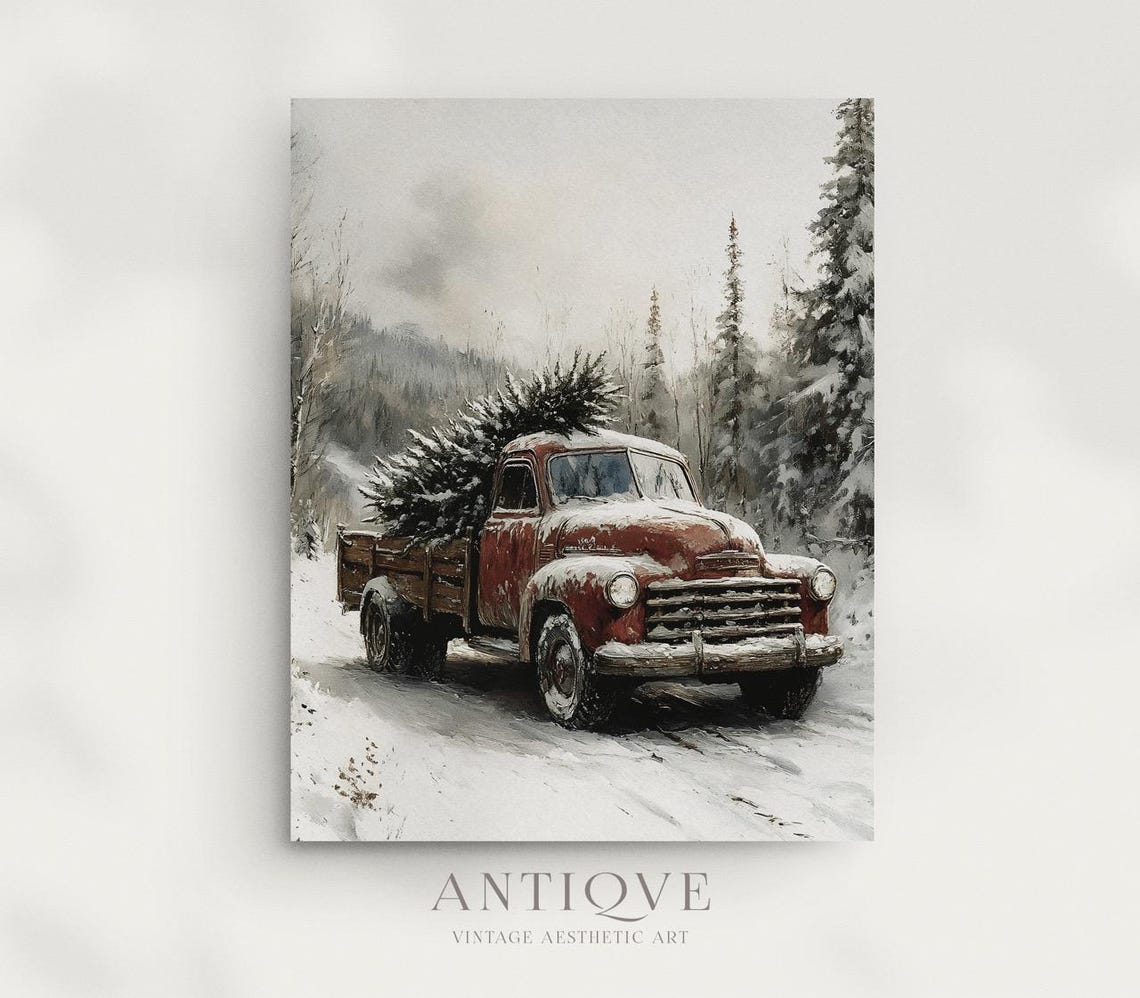 Vintage Red Truck Carrying Christmas Tree In Snow Winter Art Poster - Image 3