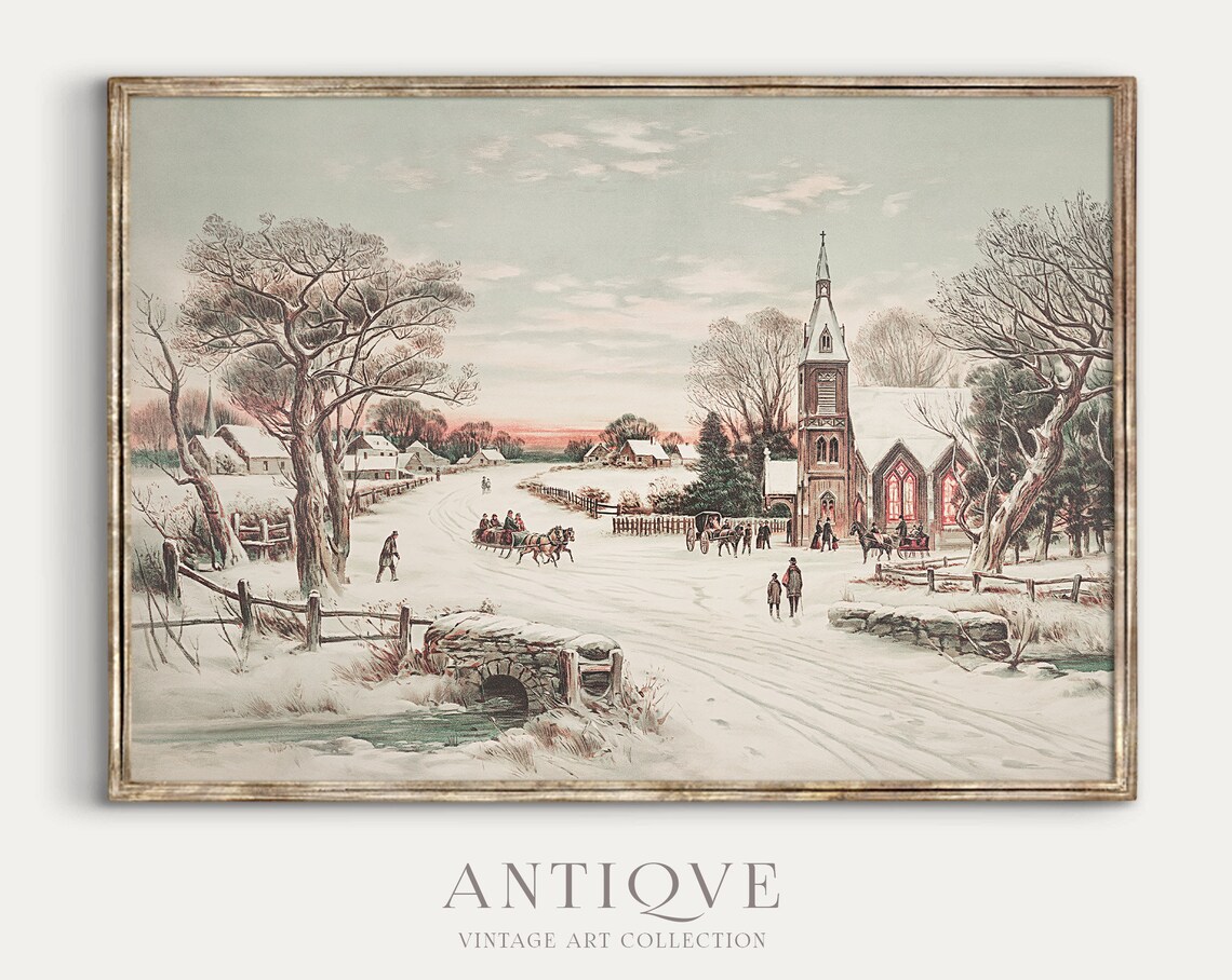 Snowy Village Winter Landscape Art Print