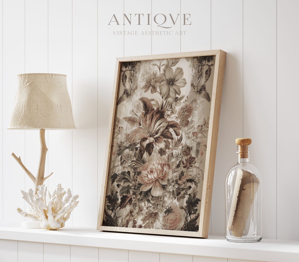 Antique Floral Tapestry Botanical Beige Tone Vintage Art Print - Image 2