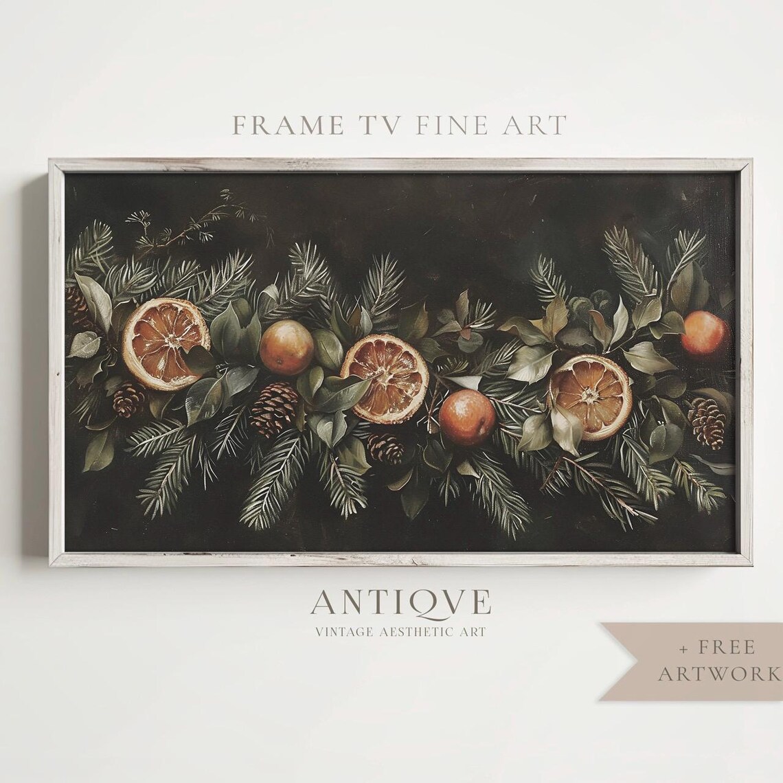 Dried Orange Citrus Garland With Pinecones Moody Holiday Art Print - Image 4