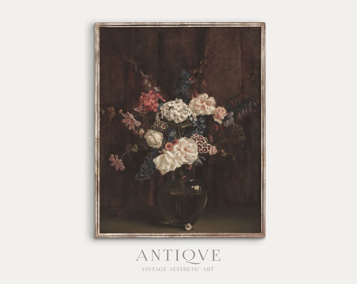 Moody Vintage Still Life Bouquet in Glass Vase