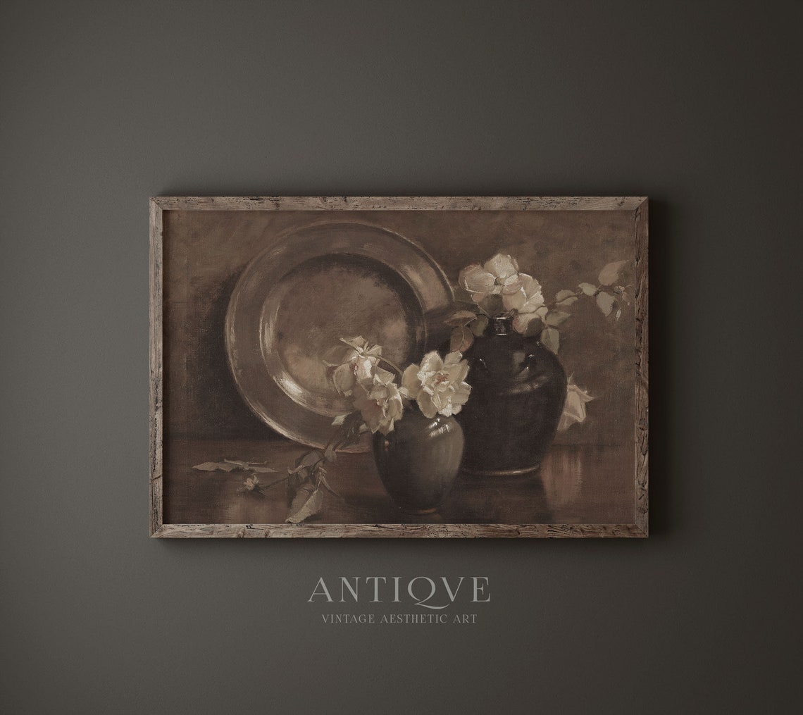 Pewter Plate White Roses Dark Vases Vintage Still Life Print - Image 3
