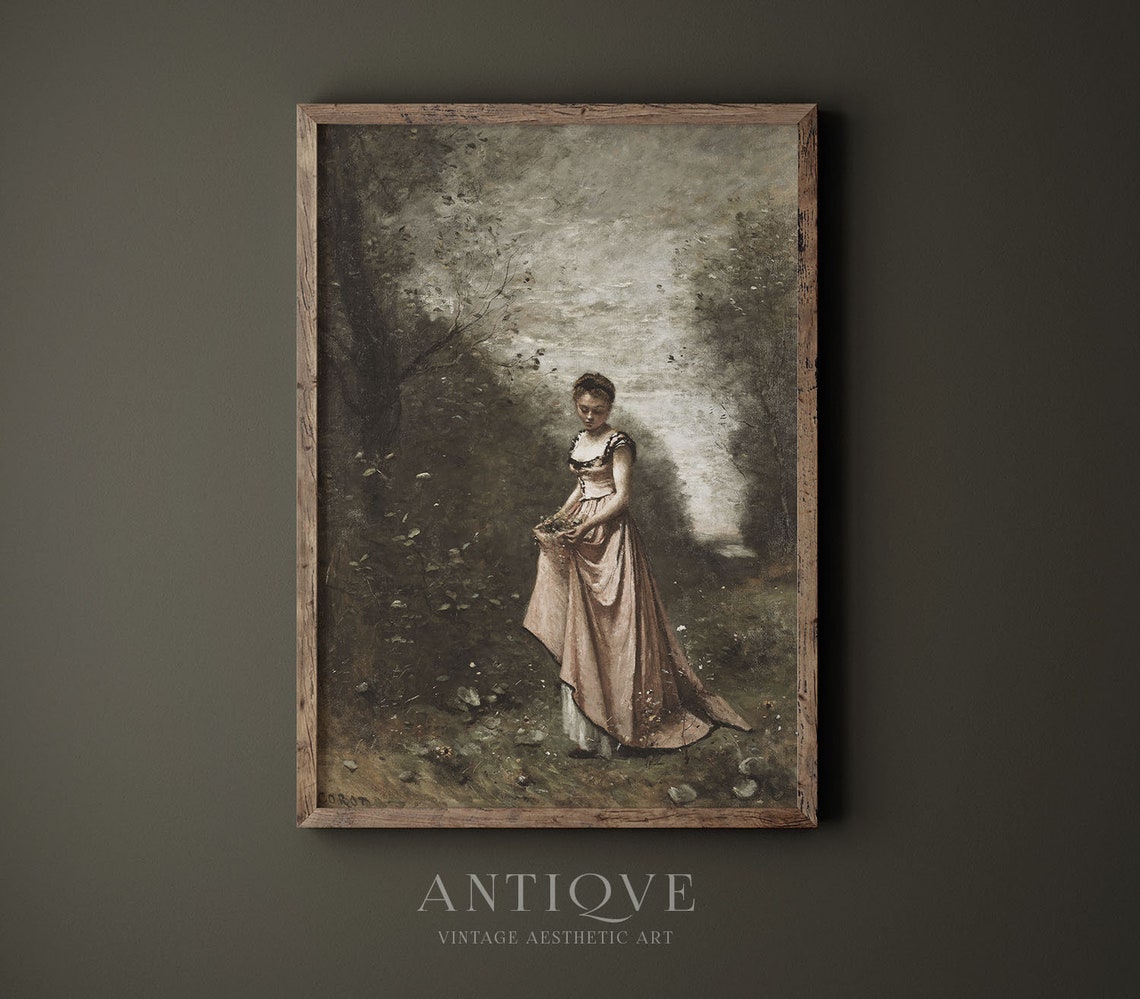 Moody Vintage French Country Painting Girl In Forest With Long Pink Dress Spring Bedroom Art Print 733 - Image 4