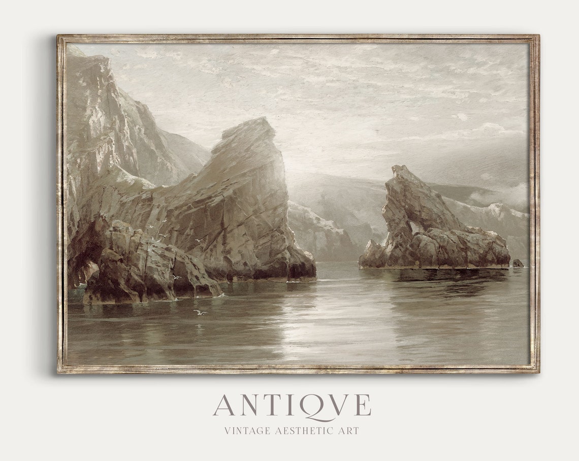 Dramatic Rocky Sea Stacks Misty Coastal Vintage Seascape Poster