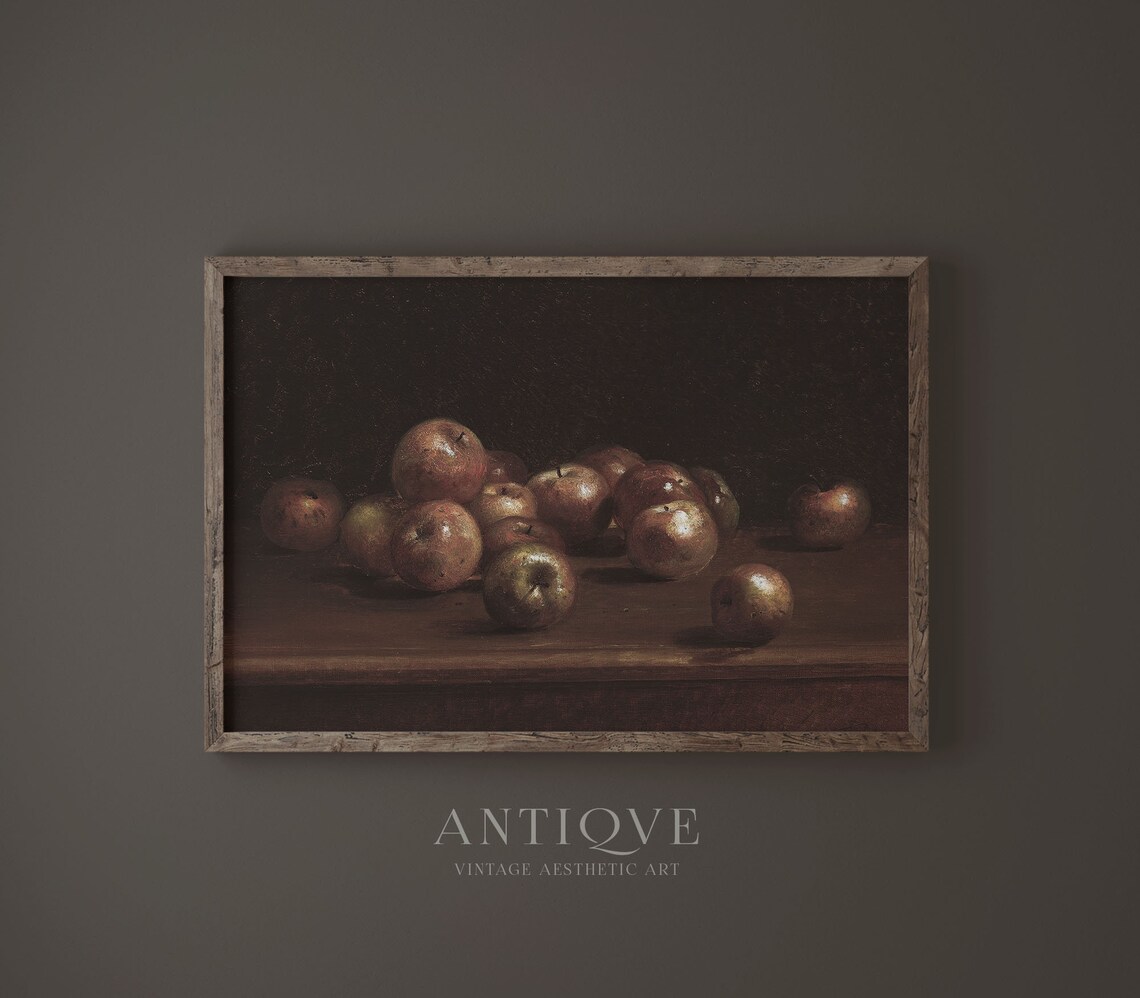 Dark Moody Apples On Wooden Table Still Life Oil Painting Poster - Image 2