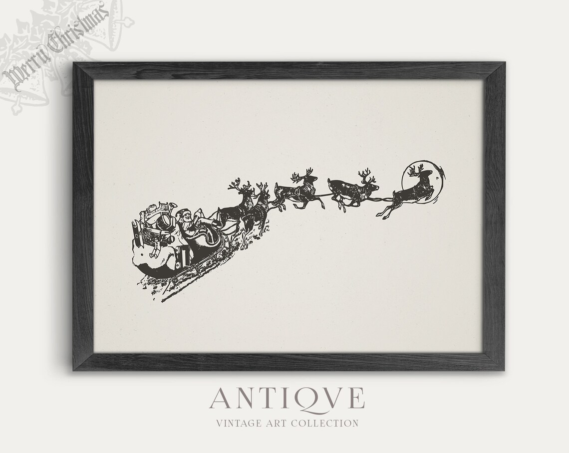 Santa On His Sleigh Vintage Christmas Art Print - Image 4