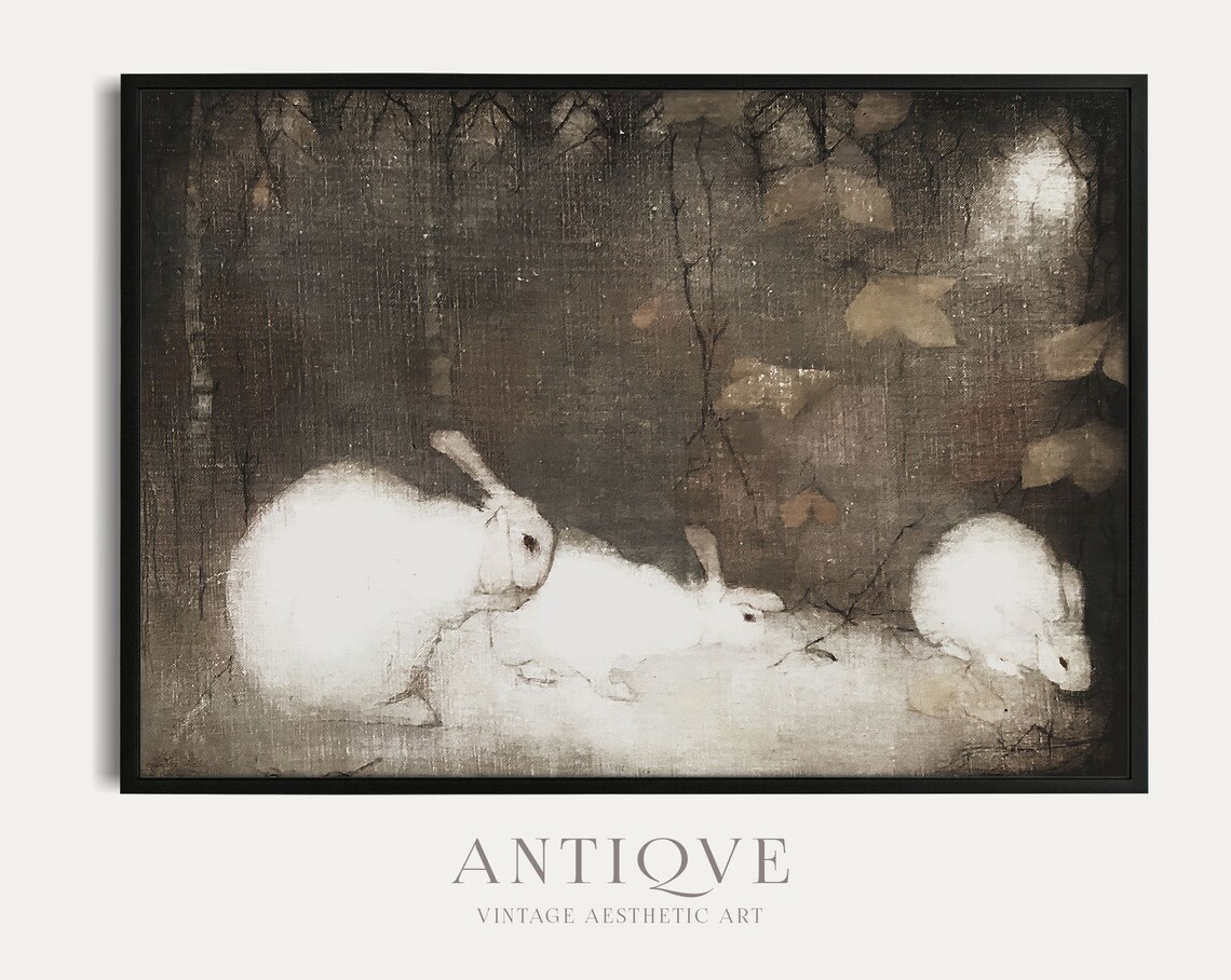 White Bunnies Painting, Dark Cottagecore Decor - Image 4