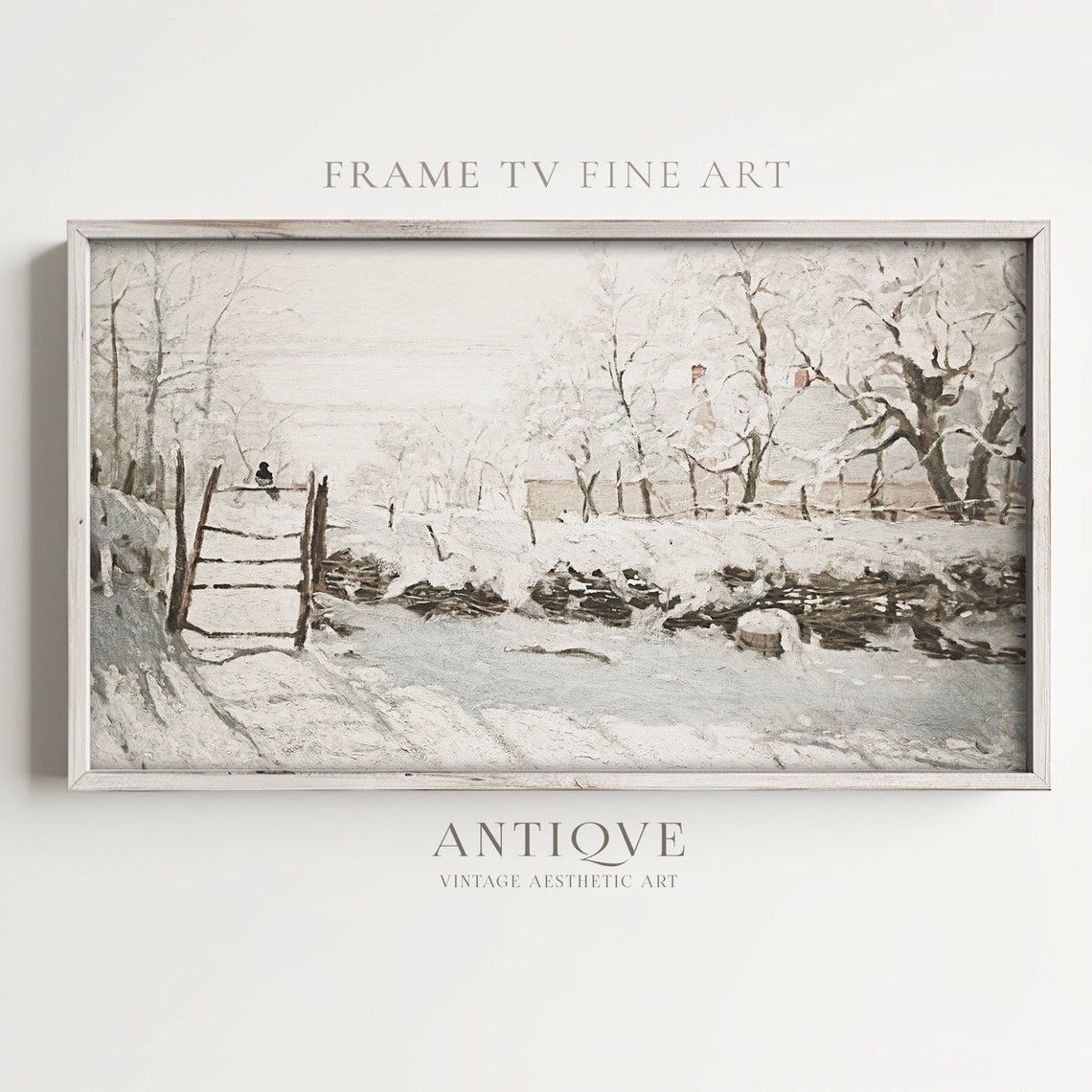 Snowy Meadow with Wooden Gate Bird Winter Impressionist Wall Art - Image 2