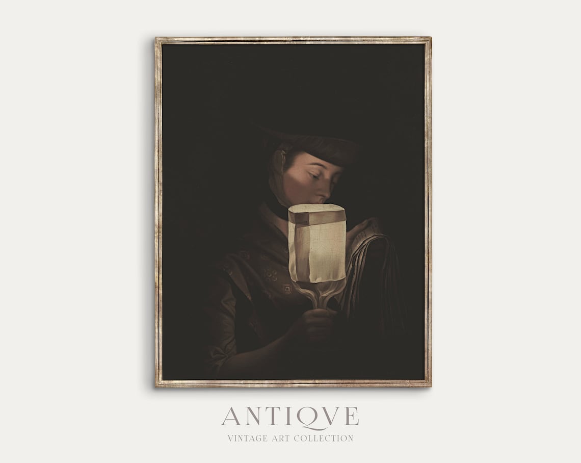 Woman Holding Lantern In Darkness Dark Academia Oil Painting Poster