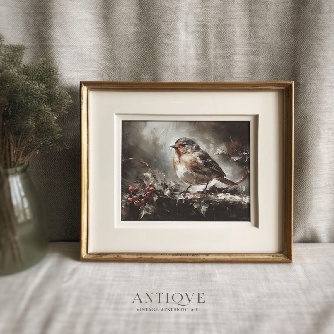 Winter Robin Painting, Rustic Christmas Decor - Image 2