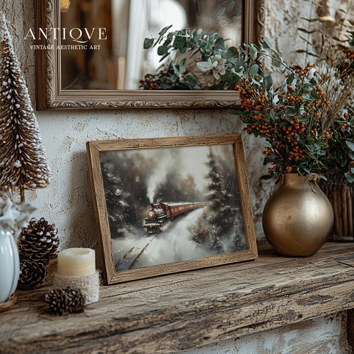 Red Vintage Steam Train In Snowy Forest Winter Landscape Poster - Image 2