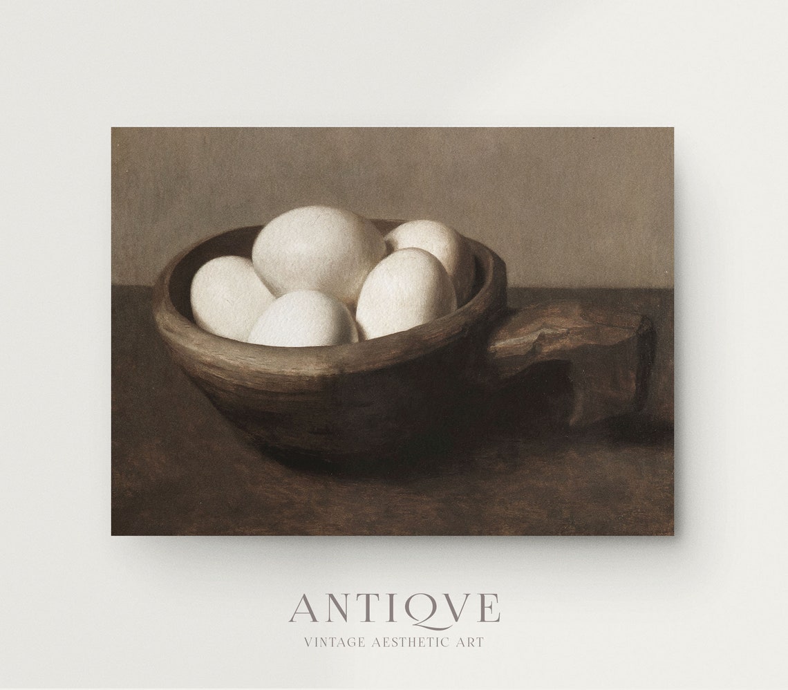White Eggs Wooden Bowl Rustic Kitchen Vintage Still Life Print - Image 3