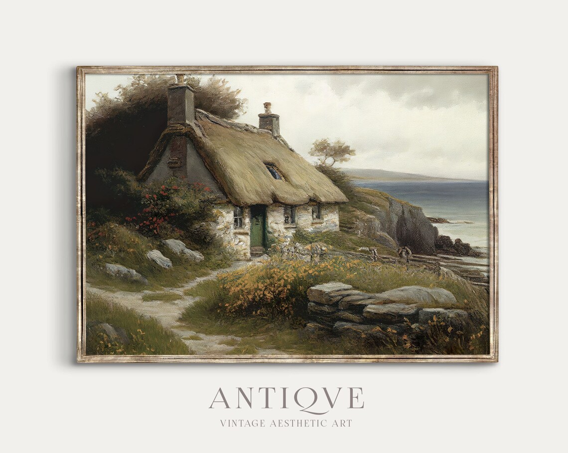 Irish Thatched Cottage By The Sea, Landscape Art Print - Image 2