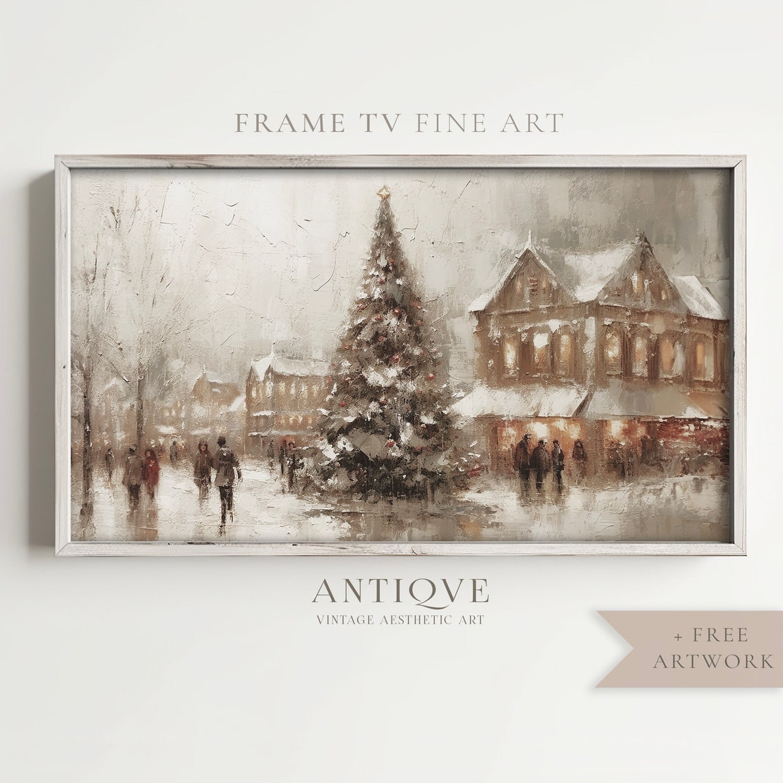 Christmas Town Square with Large Tree Snowy Holiday Painting Print