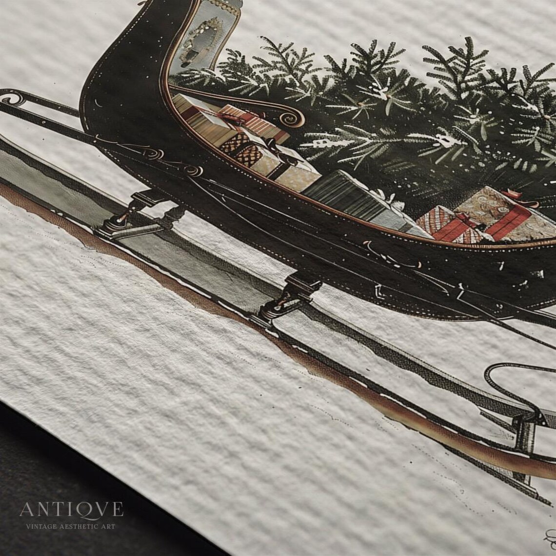 Vintage Sleigh With Christmas Tree Art Print - Image 3