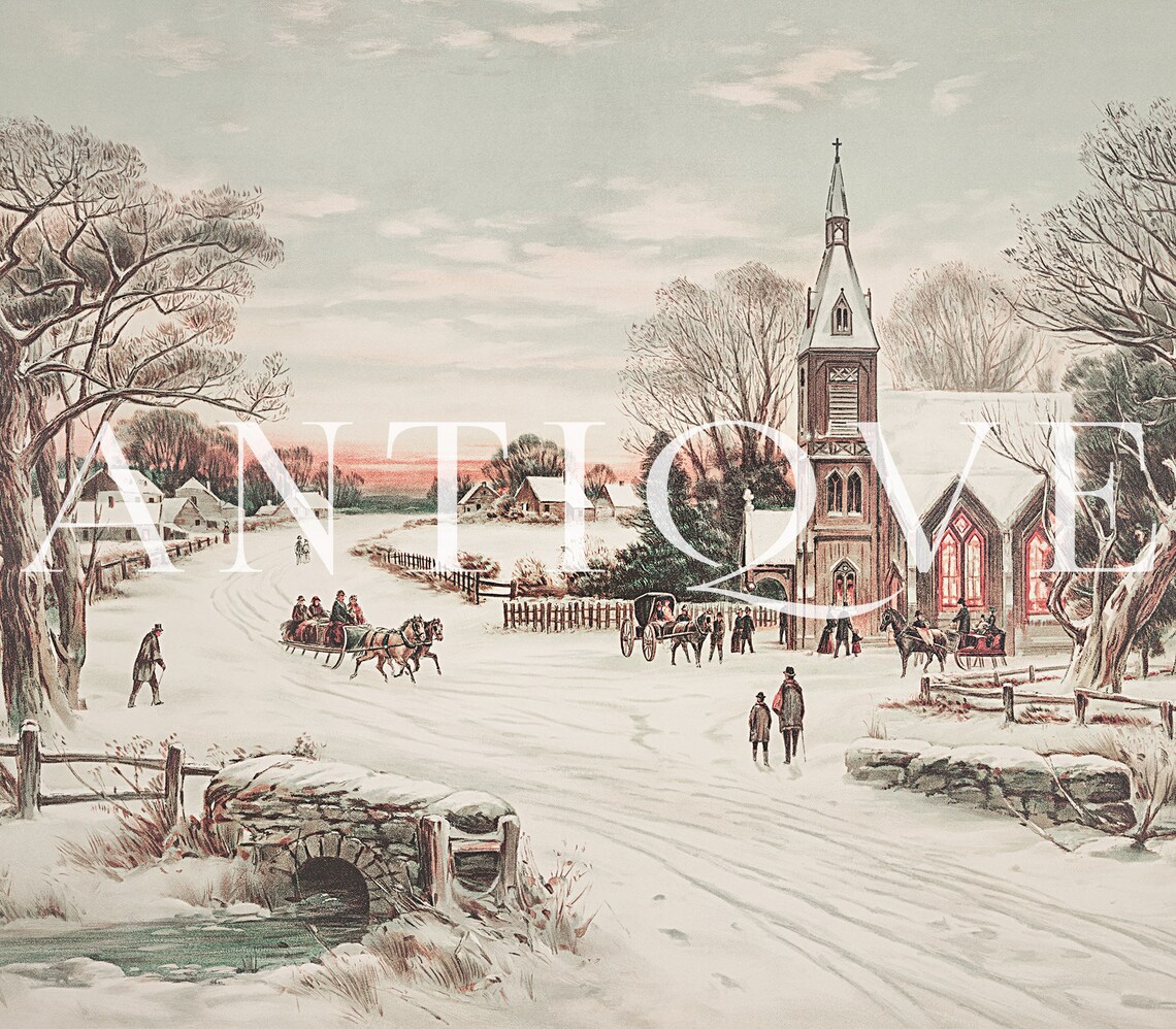 Snowy Village Winter Landscape Art Print - Image 3