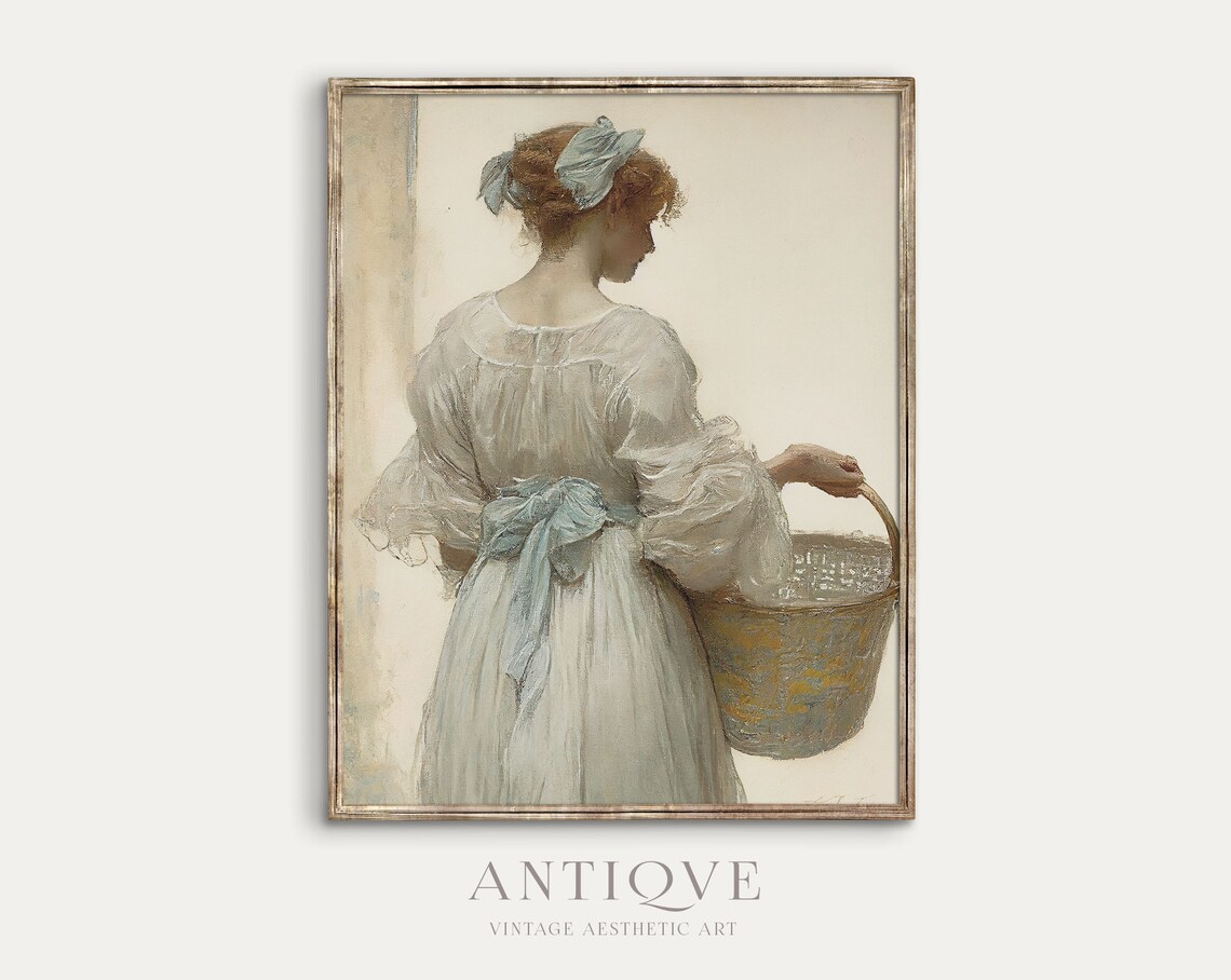 Woman In Antique Clothing With Laundry Basket, Vintage
