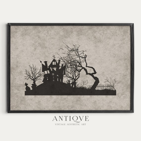 Haunted House Silhouette Graveyard Twisted Trees Halloween Poster