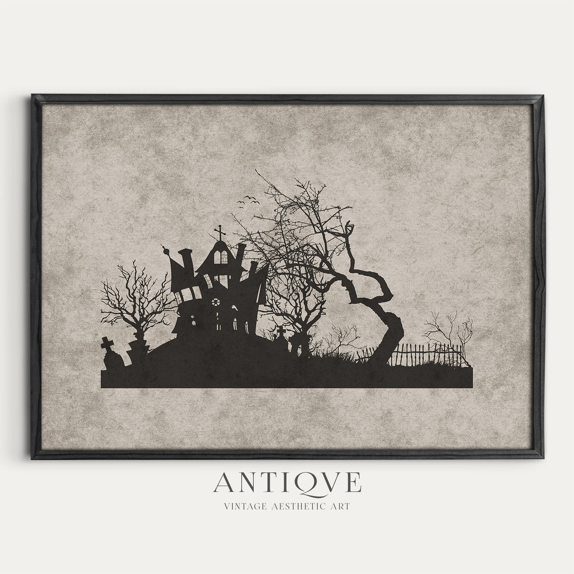 Haunted House Silhouette Graveyard Twisted Trees Halloween Poster