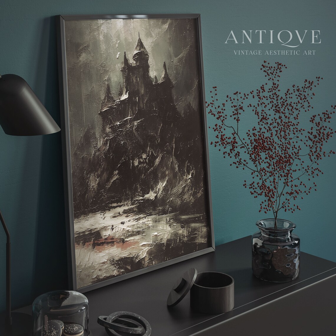 Stormy Night Castle Cliff Dark Gothic Oil Painting Style Poster - Image 2