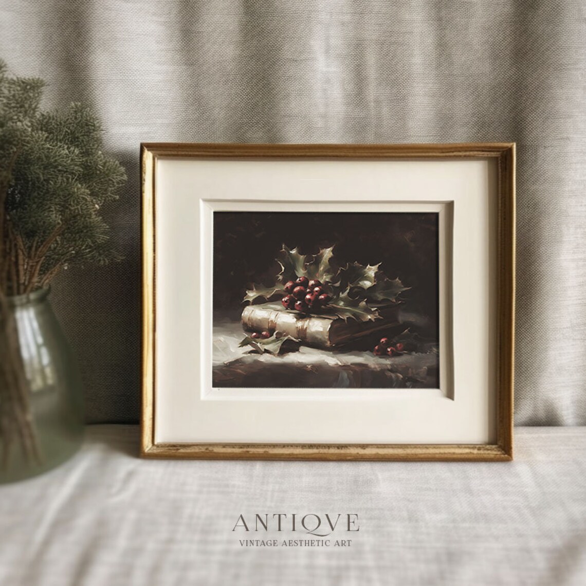 Moody Christmas Book And Holly Berries, Rustic Decor - Image 2
