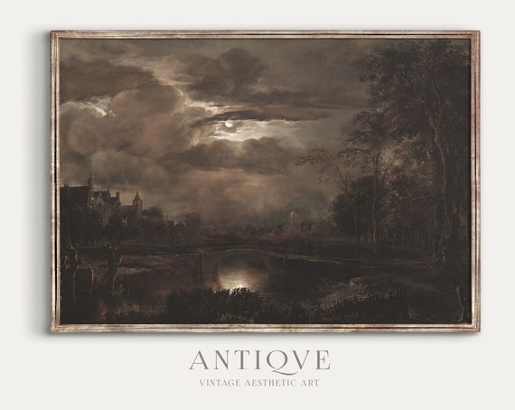 Moody Landscape Oil Painting Dark Bridge Under Moonlight Night Landscape Goth Art Dark Academia 752