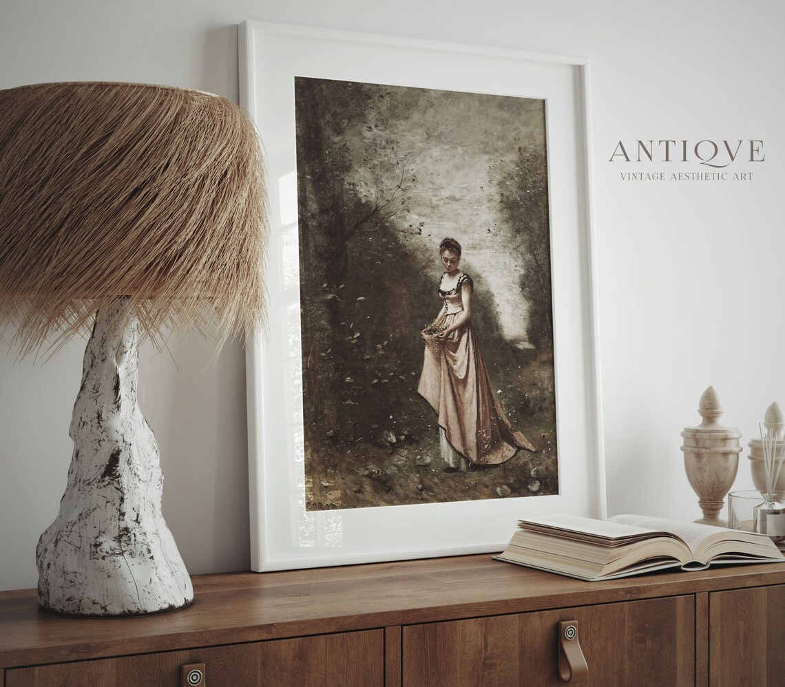 Woman Gathering Flowers Moonlit Forest Vintage Painting Print - Image 3