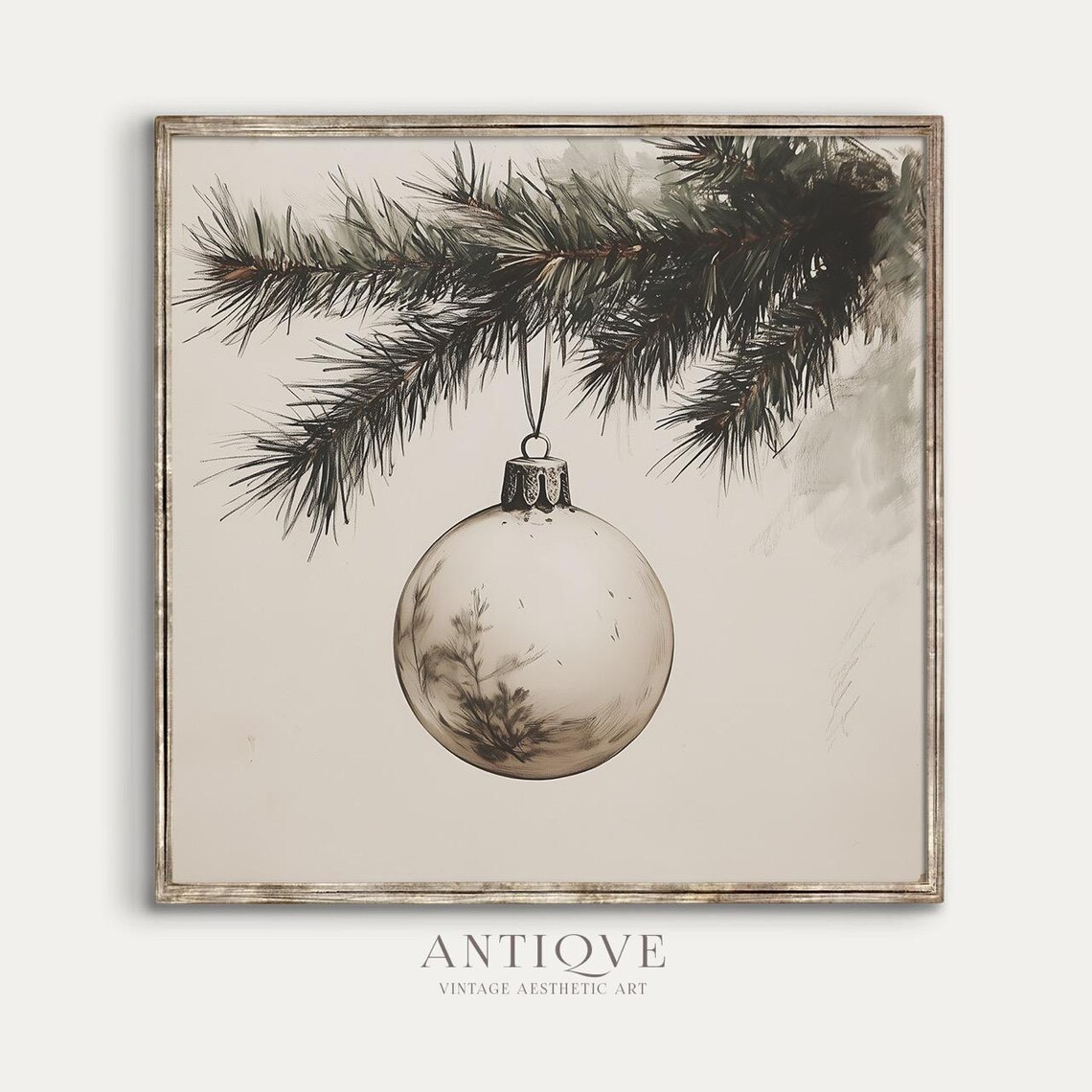 Square Christmas Ornament On Pine Branch Sketch Poster