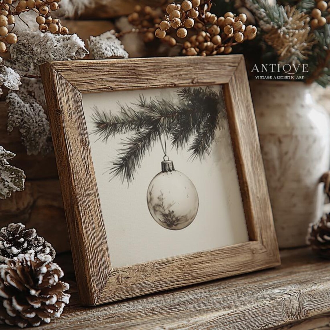 Square Christmas Ornament On Pine Branch Sketch Poster - Image 3