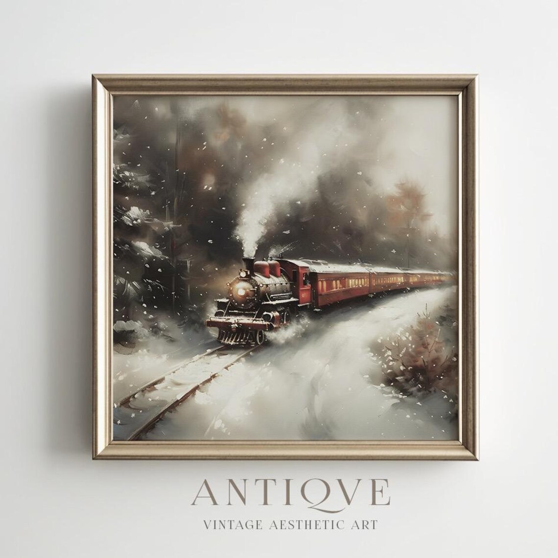 Red Steam Locomotive In Winter Snow Square Vintage Train Art Poster - Image 4
