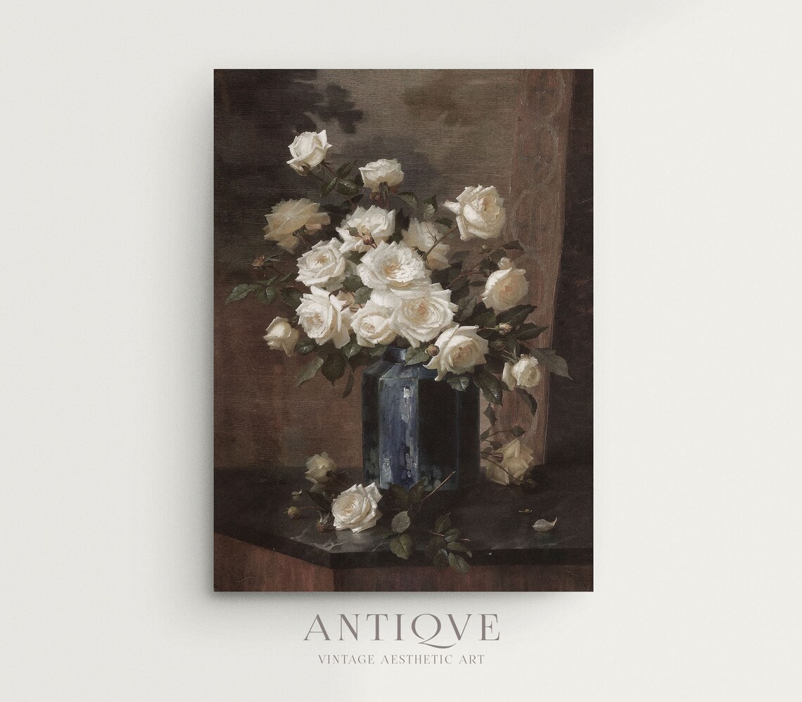 Moody Vintage White Roses Still Life, Wall Art Print - Image 3