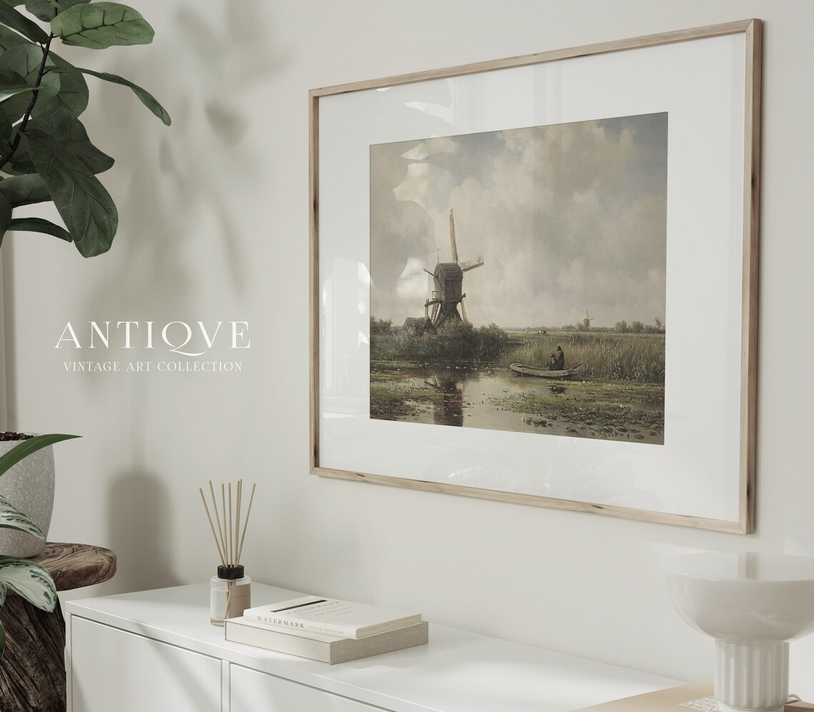 Vintage Windmill Landscape Oil Painting Art Print - Image 4
