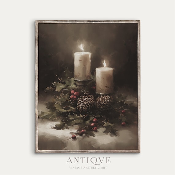 Christmas Candle Still Life, Rustic Holiday Art Print