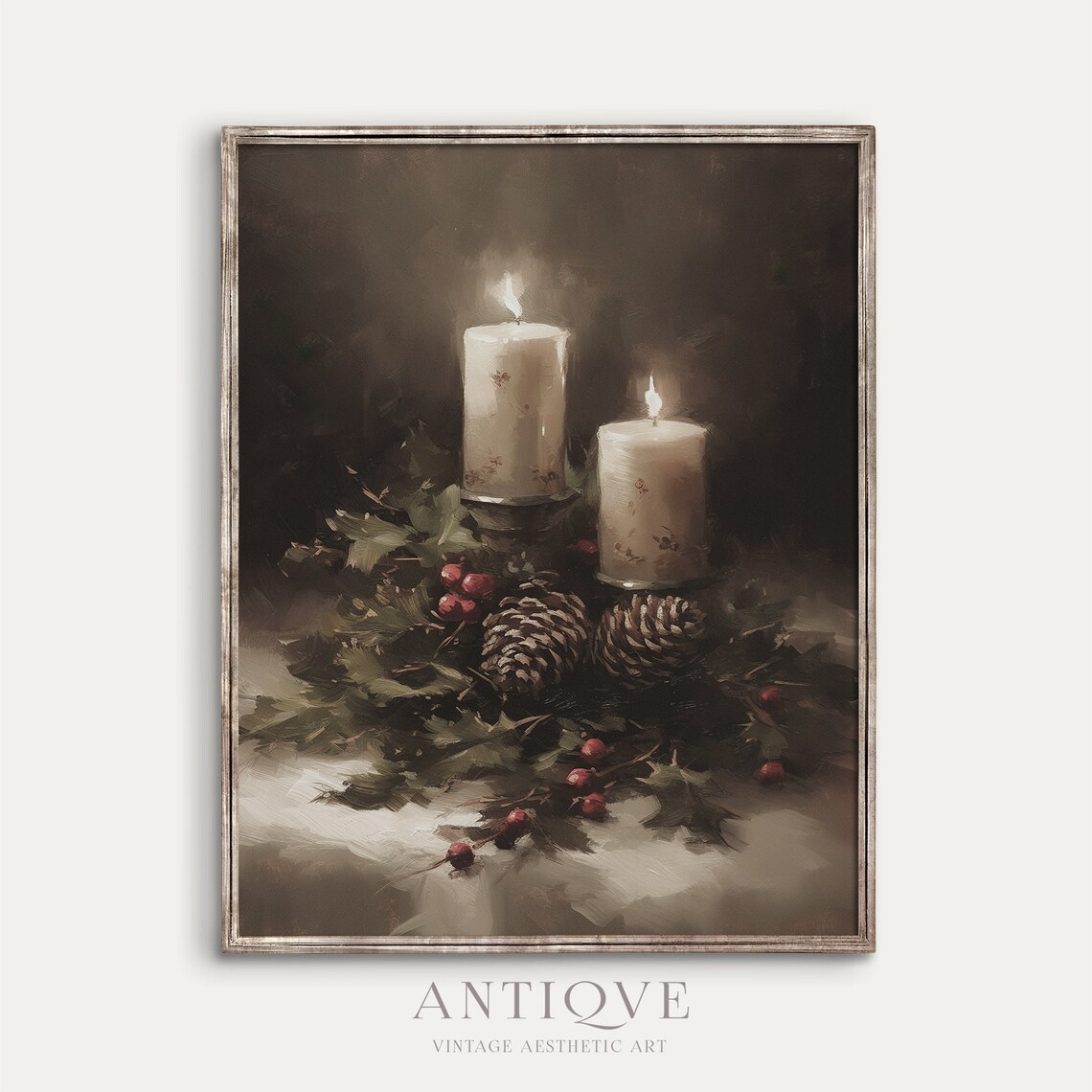 Christmas Candle Still Life, Rustic Holiday Art Print