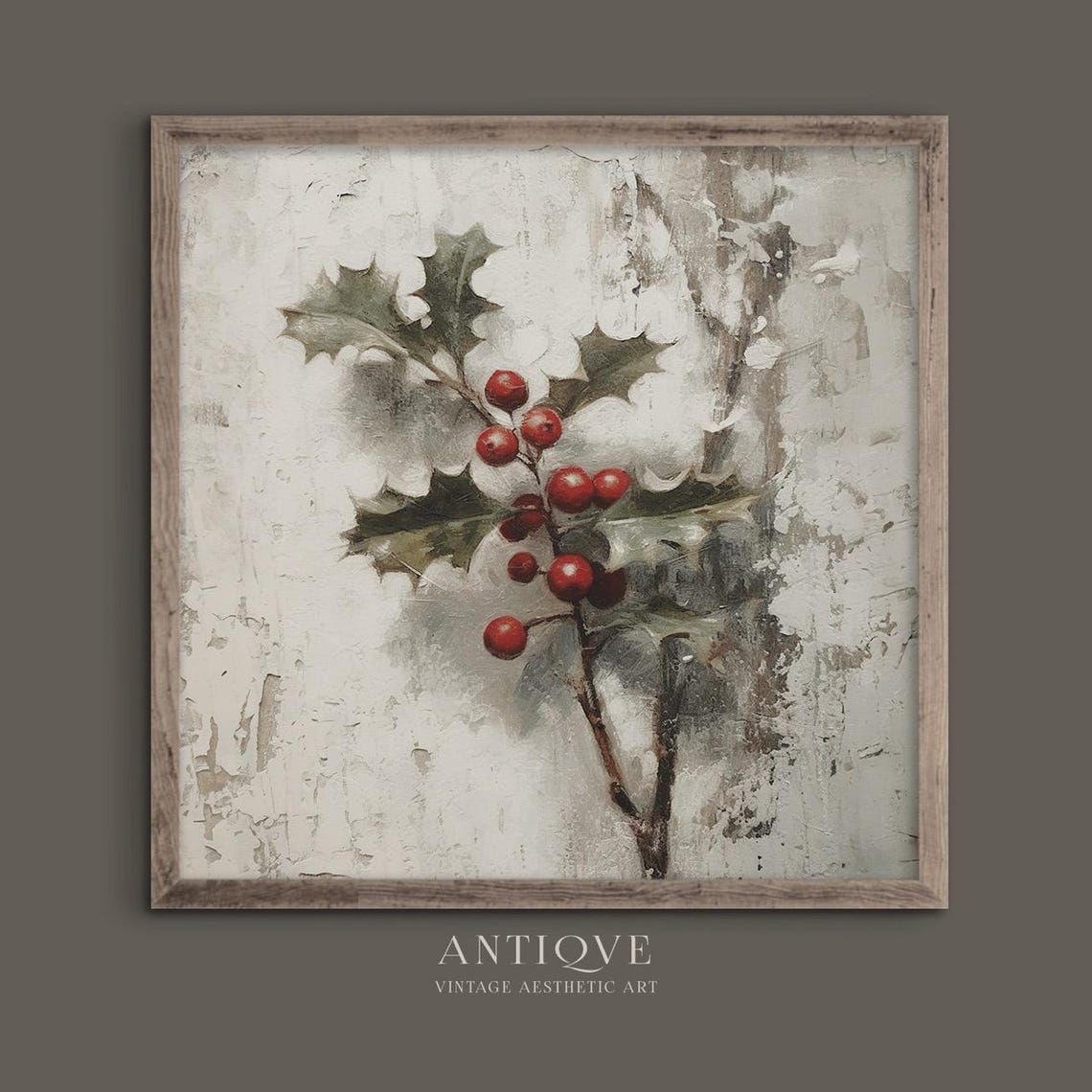 Holly Branch Red Berries on White Textured Rustic Christmas Wall Art - Image 4