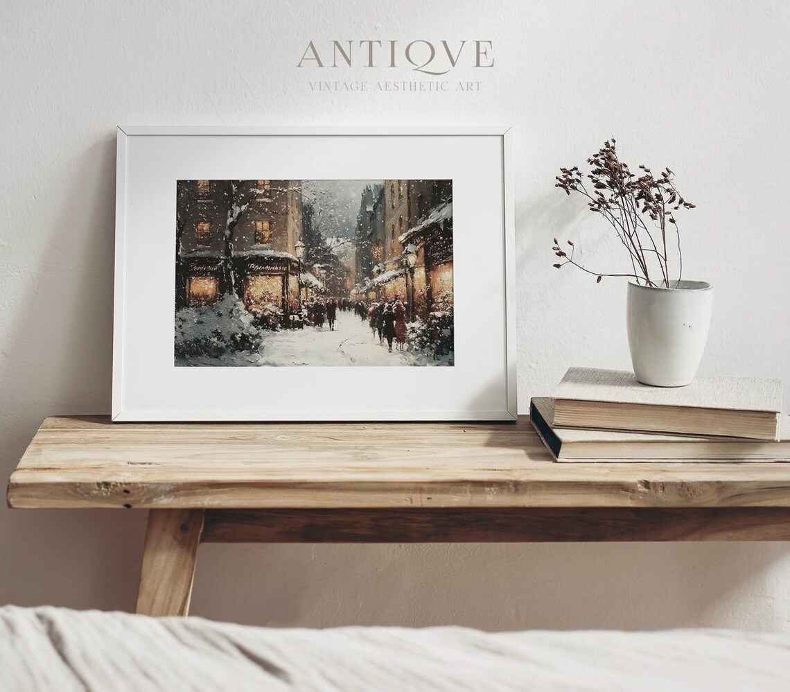 Parisian Street In Snow With Lit Shop Windows Winter City Poster - Image 2