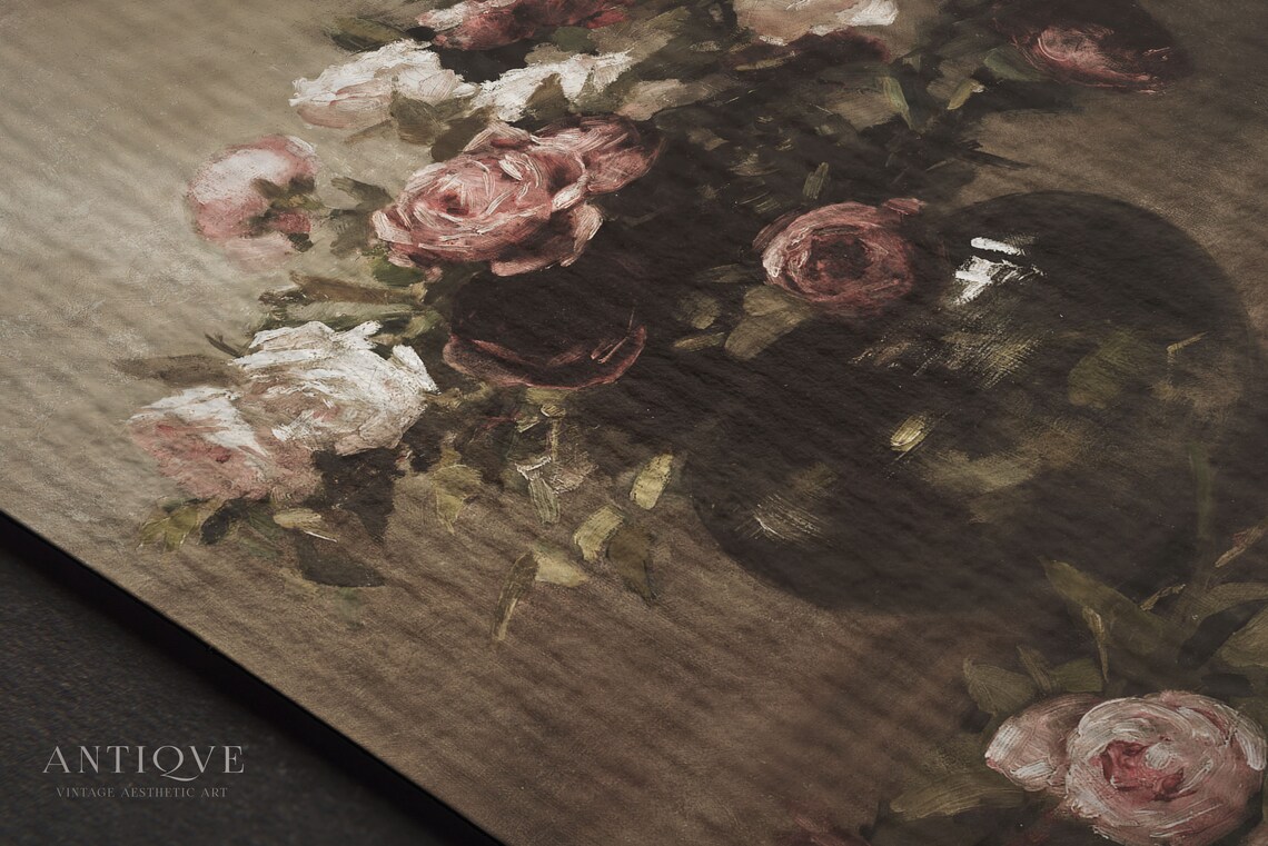 Moody Vintage Roses In Vase Oil Painting Art Print - Image 4
