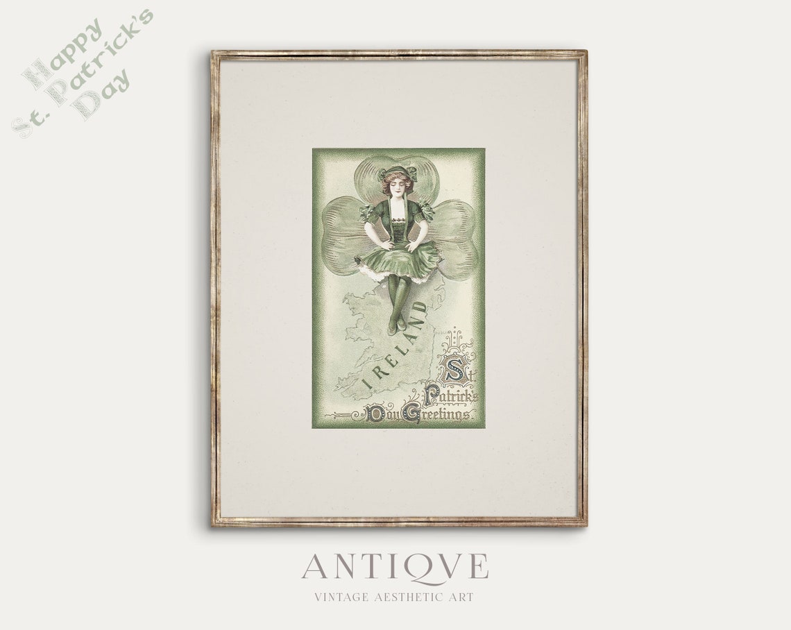 Vintage St Patrick's Day Greetings Shamrock Lady Ireland Map Poster